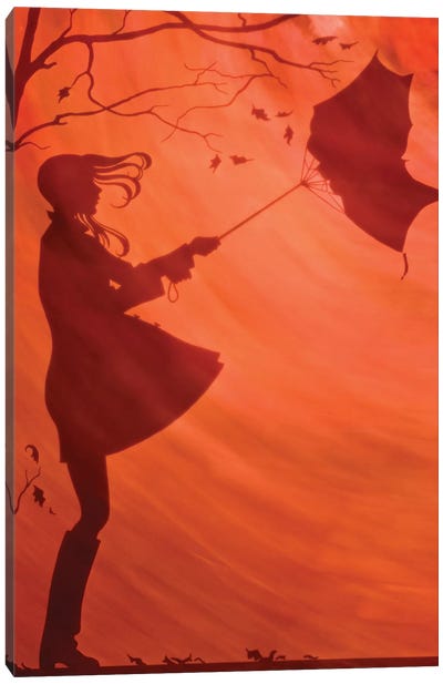 Illustration Silhouette Of Girl Holding Umbrella Blowing Away Raincoat Boots Tree Falling Leaves Wind Blowing Sunset Canvas Art Print - Boots