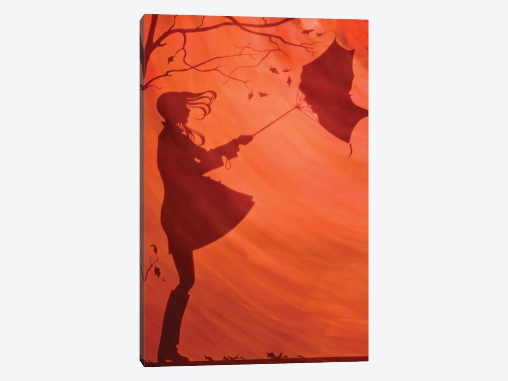 Illustration Silhouette Of Girl Holding Umbrella Blowing Away Raincoat Boots Tree Falling Leaves Wind Blowing Sunset by Vintage Images 1-piece Canvas Artwork