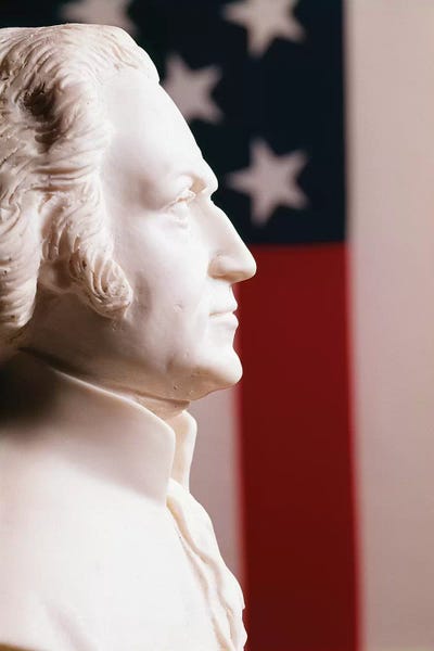 George Washington Profile White Plaster Bust Statue Flag Background