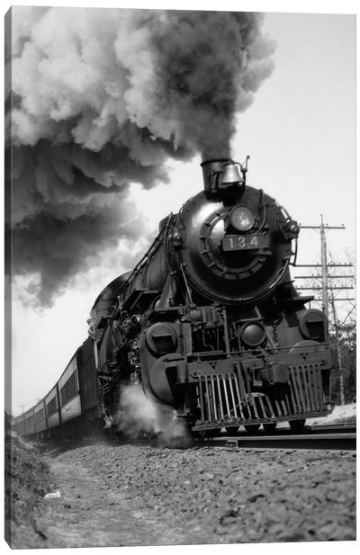 1920s-1930s Steam Engine Pulling Passenger Train Smoke Billowing From Exhaust Stack Canvas Art Print - Educational Art