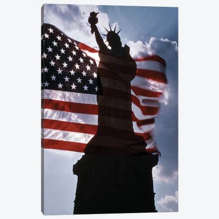 Statue Of Liberty New York Silhouetted Against American Flag And Clouds Canvas Print #VTG720} by Vintage Images Canvas Art Print