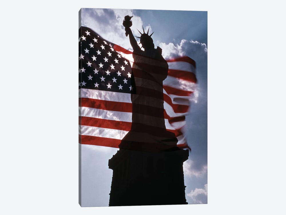 Statue Of Liberty New York Silhouetted Against American Flag And Clouds by Vintage Images 1-piece Art Print