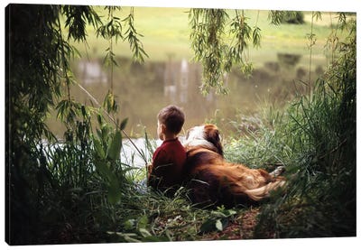 1960s-1970s Boy Fishing With His Dog By His Side Canvas Art Print - Dog Photography
