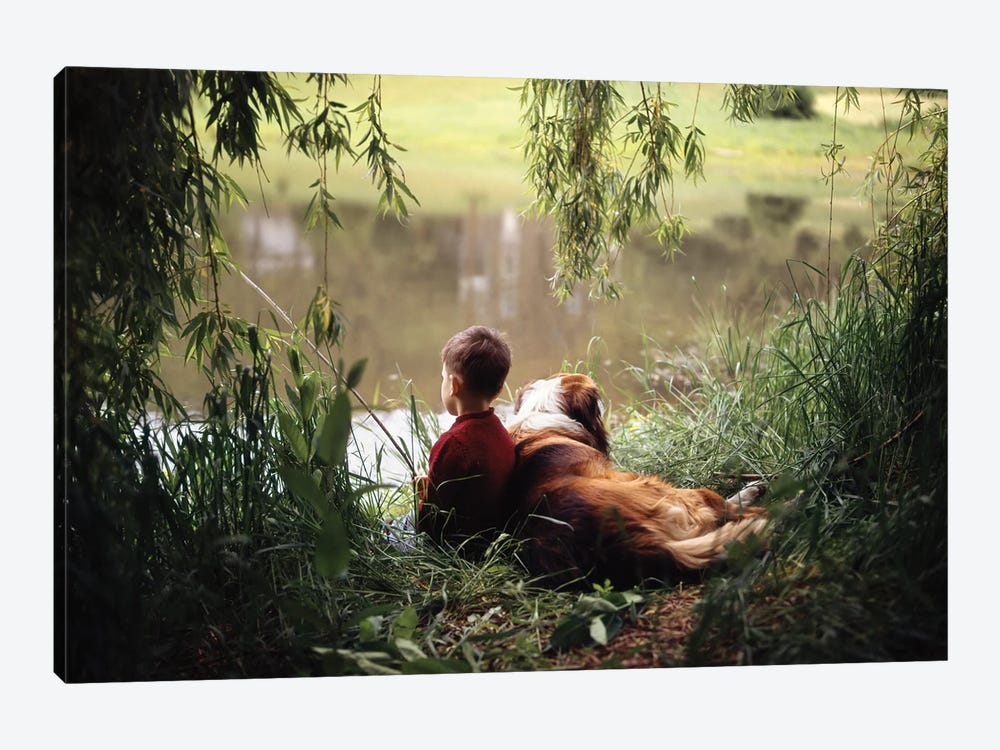 1960s-1970s Boy Fishing With His Dog By His Side by Vintage Images 1-piece Canvas Print