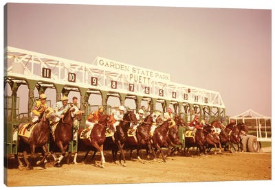 1960s Eleven Race Horses And Jockeys Coming Out Of Starting Gate Canvas Art Print - Equestrian Art