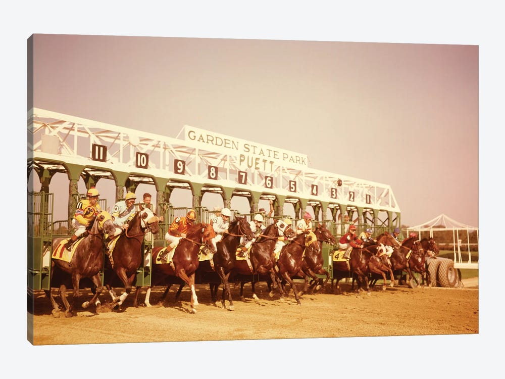 1960s Eleven Race Horses And Jockeys Coming Out Of Starting Gate by Vintage Images 1-piece Canvas Art