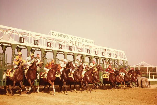 Equestrian: 1960s Eleven Race Horses And Jockeys Coming Out Of Starting Gate by Vintage Images