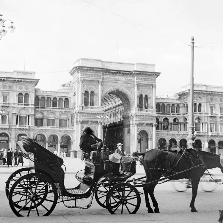 1920s 1930s Horse And Carriage Awaiting Tourists Farmers Shopping Arcade Galleria Vittorio Emmanuel Milan Italy by Vintage Images wall art