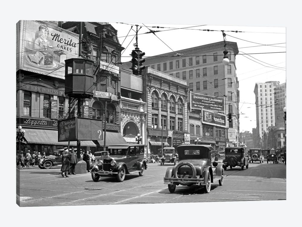 1920s Automobile And Pedestrian Traffic Busy Five Points Intersection In Atlanta Georgia USA by Vintage Images 1-piece Canvas Print