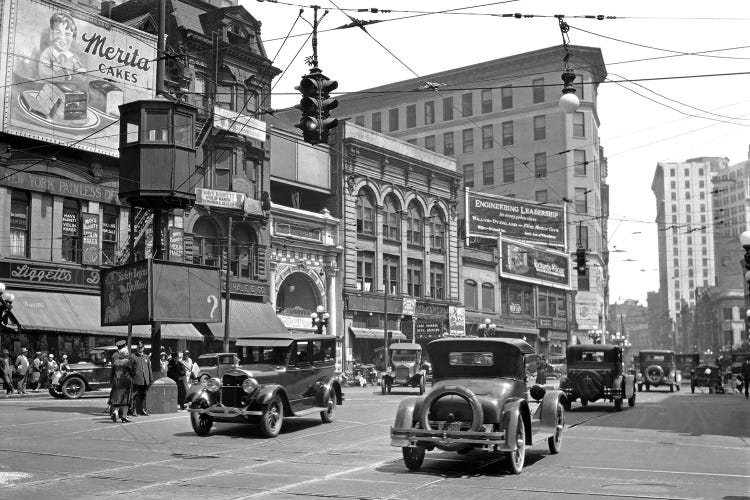 1920s Automobile And Pedestrian Traffic Busy Five Points Intersection In Atlanta Georgia USA