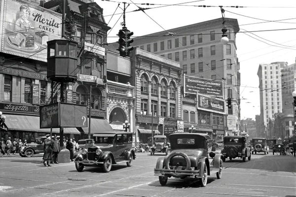 Georgia: 1920s Automobile And Pedestrian Traffic Busy Five Points Intersection In Atlanta Georgia USA by Vintage Images