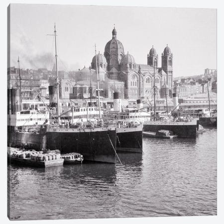 1920s Cargo Ships Docked In Old Port The Cathedral And Basilica Notre-Dame De La Garde Beyond On Hilltop Marseille France Canvas Print #VTG742} by Vintage Images Art Print
