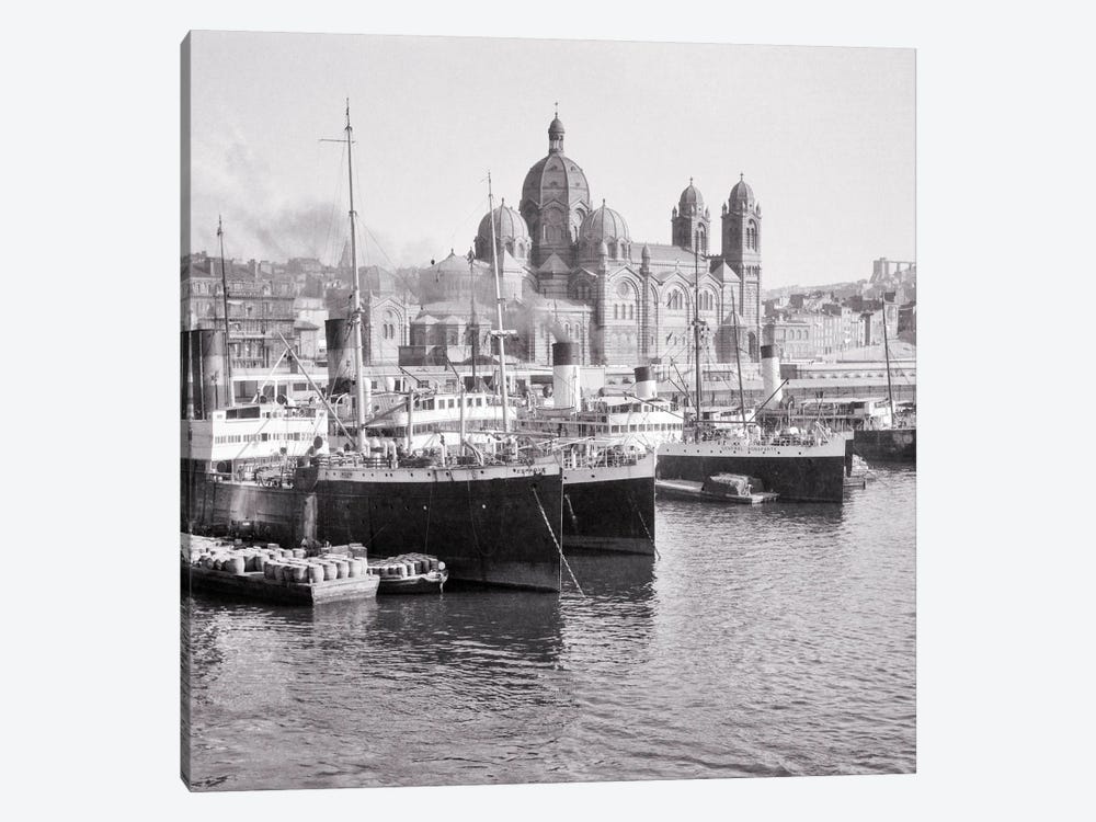 1920s Cargo Ships Docked In Old Port The Cathedral And Basilica Notre-Dame De La Garde Beyond On Hilltop Marseille France by Vintage Images 1-piece Canvas Art Print