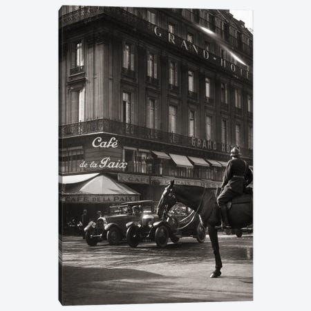 1920s Famous Cafe De La Paix Established 1862 In The Grand Hotel At Place De Le Opera With Mounted Horse Policeman Paris France Canvas Print #VTG744} by Vintage Images Canvas Artwork