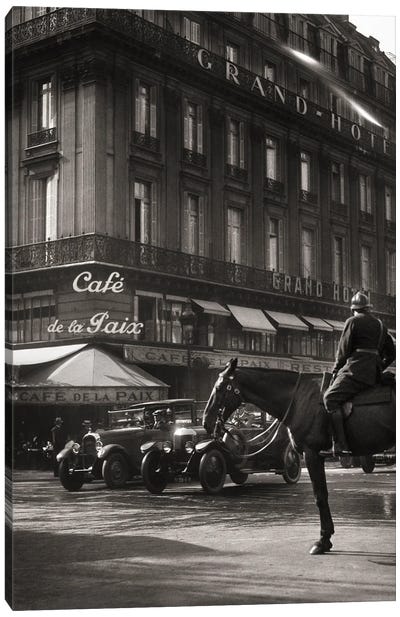 1920s Famous Cafe De La Paix Established 1862 In The Grand Hotel At Place De Le Opera With Mounted Horse Policeman Paris France Canvas Art Print - Cafe Art