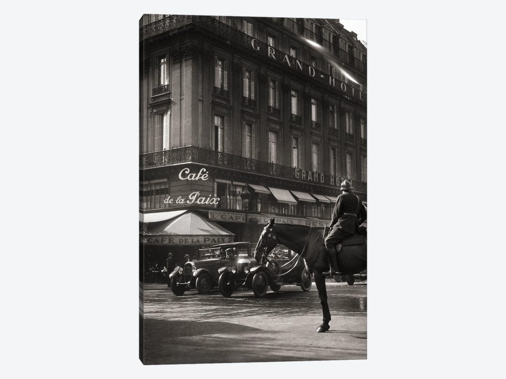 1920s Famous Cafe De La Paix Established 1862 In The Grand Hotel At Place De Le Opera With Mounted Horse Policeman Paris France by Vintage Images 1-piece Canvas Print