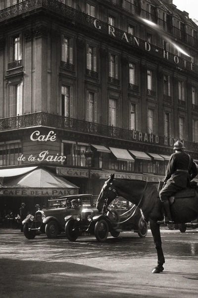 Cafes: 1920s Famous Cafe De La Paix Established 1862 In The Grand Hotel At Place De Le Opera With Mounted Horse Policeman Paris France by Vintage Images