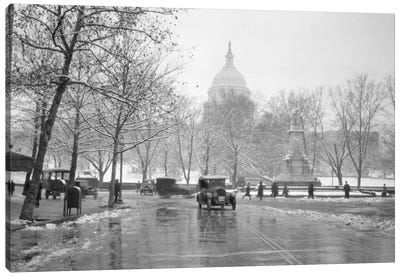 1920s-1930s The Capitol Building And Old Car Traffic In Winter Washington Dc USA Canvas Art Print - Historical Art