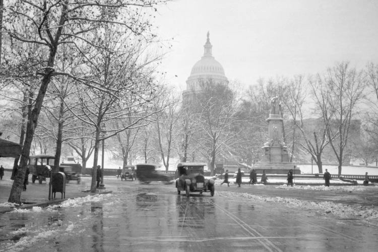 1920s-1930s The Capitol Building And Old Car Traffic In Winter Washington Dc USA