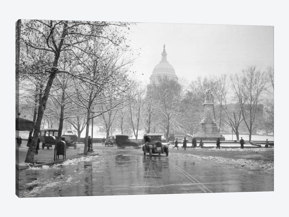 1920s-1930s The Capitol Building And Old Car Traffic In Winter Washington Dc USA by Vintage Images 1-piece Canvas Art Print