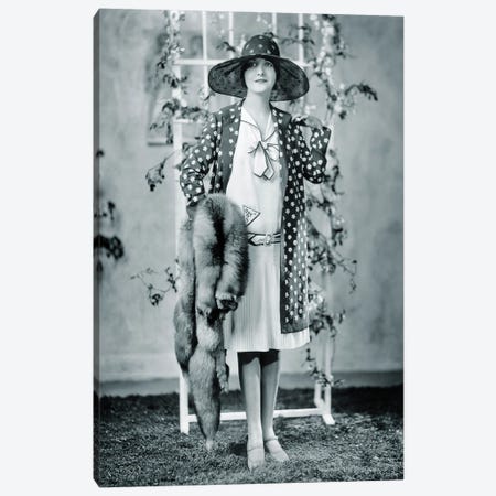 1920s Woman Looking At Camera Wearing Polka Dot Coat Over Dress With Very Fashionable Red Fox Fur Stole And Big Hat Canvas Print #VTG751} by Vintage Images Canvas Wall Art
