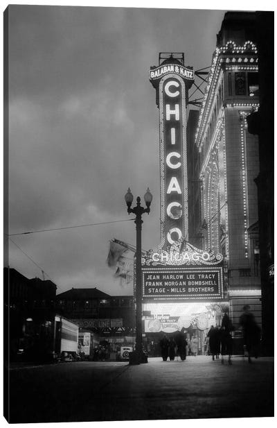 1930s 1933 Night Scene Of Chicago Movie Theater On State Street Marquee Announcing Jean Harlow In Bombshell Chicago Illinois USA Canvas Art Print - Illinois Art
