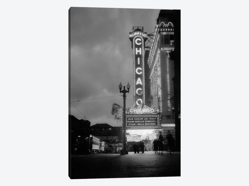 1930s 1933 Night Scene Of Chicago Movie Theater On State Street Marquee Announcing Jean Harlow In Bombshell Chicago Illinois USA by Vintage Images 1-piece Canvas Art