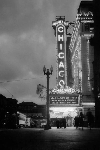 Signs: 1930s 1933 Night Scene Of Chicago Movie Theater On State Street Marquee Announcing Jean Harlow In Bombshell Chicago Illinois USA by Vintage Images