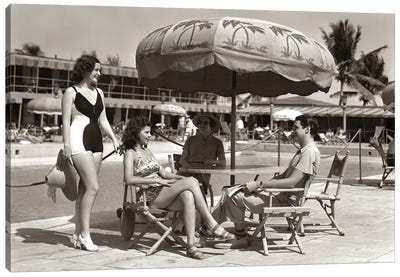 1930s 1940s 3 Women Bathing Suits Single Man Casual Clothes Sitting Talking Under Pool Side Umbrella Miami Beach Florida USA Canvas Art Print - Historical Fashion Art