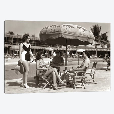 1930s 1940s 3 Women Bathing Suits Single Man Casual Clothes Sitting Talking Under Pool Side Umbrella Miami Beach Florida USA Canvas Print #VTG753} by Vintage Images Canvas Artwork
