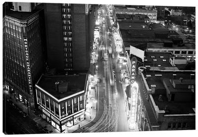 1930s 1940s Looking Down City Street Pedestrians Trolley Cars Neon Signs At Night From The Candler Building Atlanta Georgia USA Canvas Art Print - Georgia Art