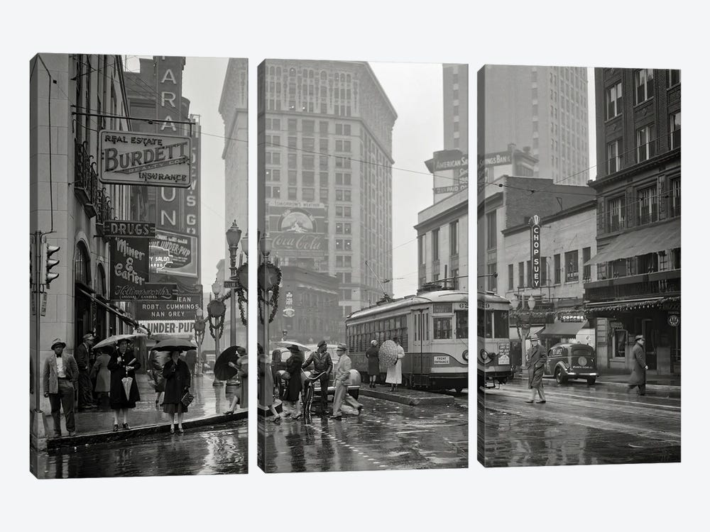 1930s 1940s Peachtree Street Shops Signs Cars Public Trolley And Pedestrians Shoppers Walking In The Rain Atlanta Georgia USA by Vintage Images 3-piece Canvas Art Print
