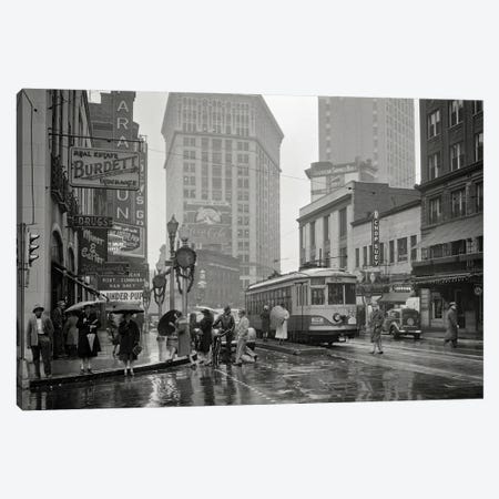 1930s 1940s Peachtree Street Shops Signs Cars Public Trolley And Pedestrians Shoppers Walking In The Rain Atlanta Georgia USA Canvas Print #VTG755} by Vintage Images Canvas Art Print