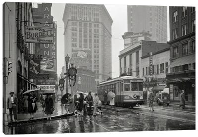 1930s 1940s Peachtree Street Shops Signs Cars Public Trolley And Pedestrians Shoppers Walking In The Rain Atlanta Georgia USA Canvas Art Print - Atlanta