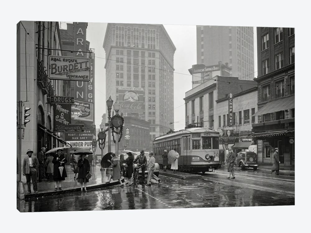 1930s 1940s Peachtree Street Shops Signs Cars Public Trolley And Pedestrians Shoppers Walking In The Rain Atlanta Georgia USA by Vintage Images 1-piece Canvas Art Print