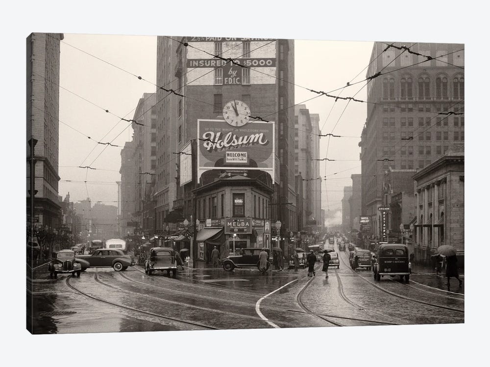 1930s 1940s Rainy Day Pedestrians Cars Trolly Tracks Intersection Peachtree Street And Forsyth Business District Atlanta Ga USA by Vintage Images 1-piece Canvas Art