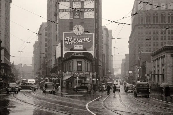 Georgia: 1930s 1940s Rainy Day Pedestrians Cars Trolly Tracks Intersection Peachtree Street And Forsyth Business District Atlanta Ga USA by Vintage Images