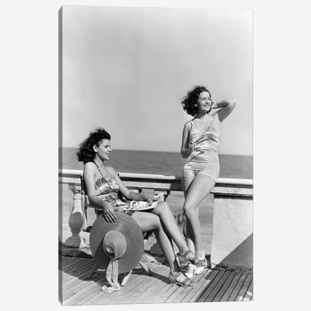 1930s 1940s Two Women Sitting On Hotel Deck Beach Side In One Piece Bathing Suit Fashion Florida USA Canvas Print #VTG757} by Vintage Images Canvas Art Print