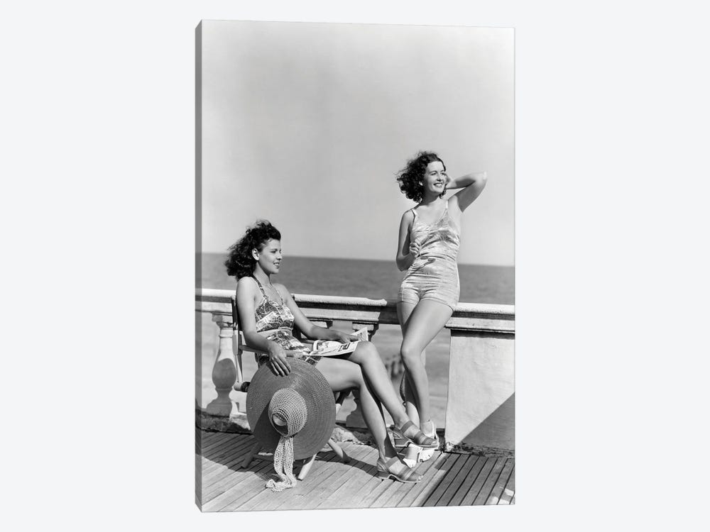 1930s 1940s Two Women Sitting On Hotel Deck Beach Side In One Piece Bathing Suit Fashion Florida USA by Vintage Images 1-piece Canvas Art Print