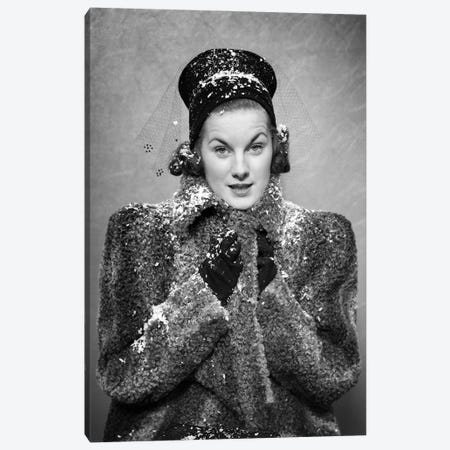 1930s 1940s Woman Wearing Persian Lamb Coat Hat Bundling Up Against Falling Snow Flakes Looking At Camera Canvas Print #VTG758} by Vintage Images Canvas Wall Art