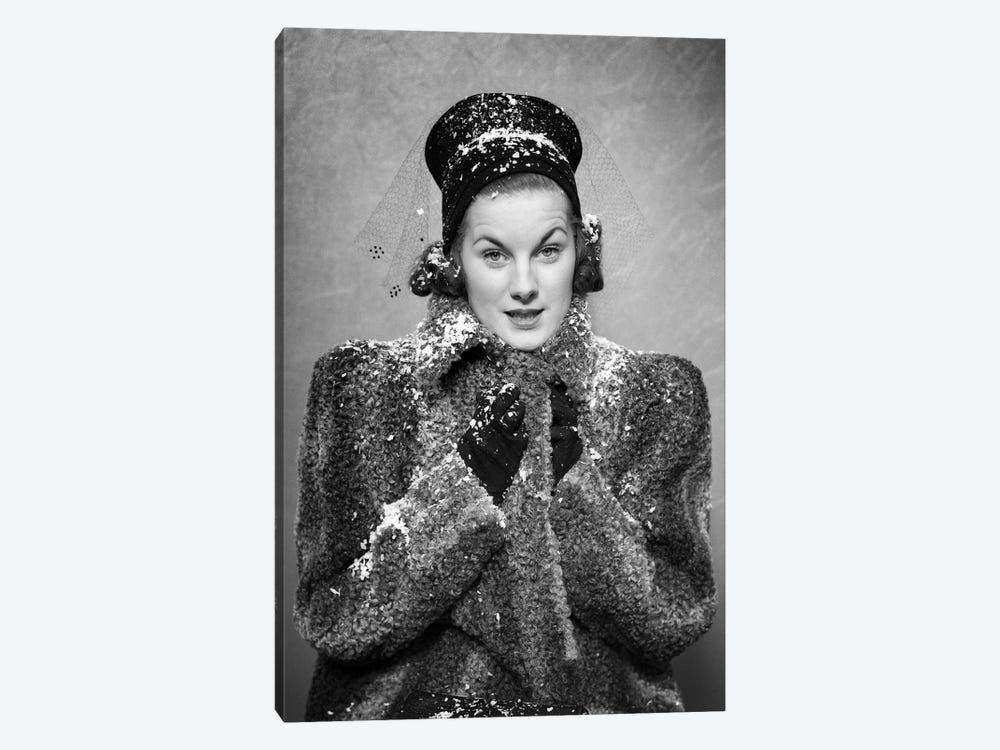 1930s 1940s Woman Wearing Persian Lamb Coat Hat Bundling Up Against Falling Snow Flakes Looking At Camera by Vintage Images 1-piece Canvas Artwork