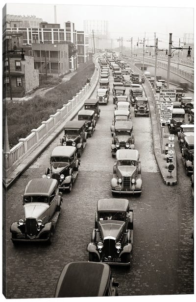 1930s Afternoon Rush Hour Traffic Jammed Cars Leaving Pulaski Skyway Heading For The Holland Tunnel Jersey City New Jersey USA Canvas Art Print - New Jersey Art