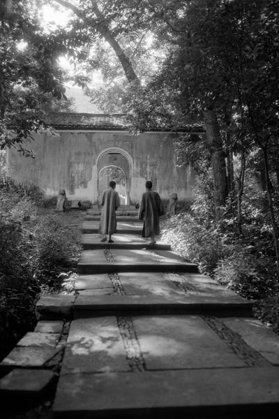 1920s-1930s Two Chinese Men In Robes Walking Up Quiet Garden Path by Vintage Images metal wall art