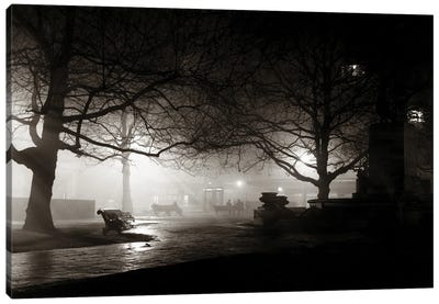 1930s Dark Spooky Eerie Park Benches Leicester Square London England Canvas Art Print - City Park Art