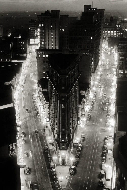 1930s Elevated Night View Of Downtown Intersection Of Broad And Peachtree The Triangular Flatiron Building Atlanta Georgia USA