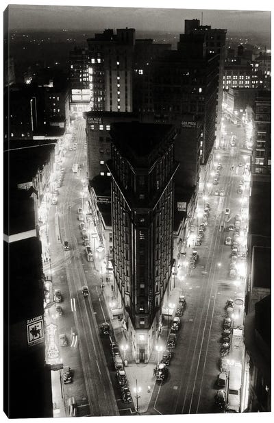 1930s Elevated Night View Of Downtown Intersection Of Broad And Peachtree The Triangular Flatiron Building Atlanta Georgia USA Canvas Art Print - Flatiron Building