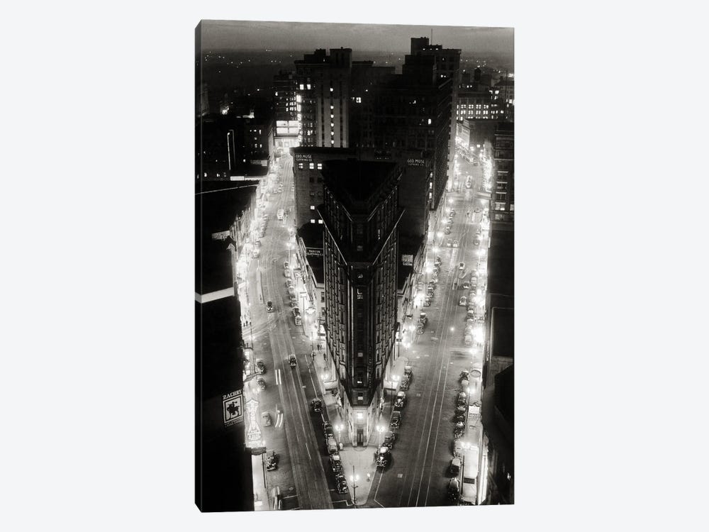 1930s Elevated Night View Of Downtown Intersection Of Broad And Peachtree The Triangular Flatiron Building Atlanta Georgia USA by Vintage Images 1-piece Canvas Print