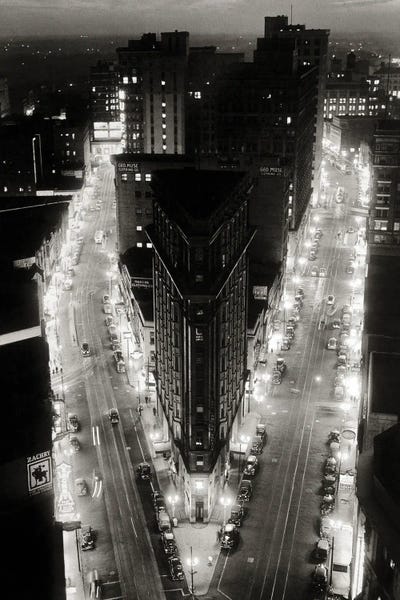 Flatiron Building: 1930s Elevated Night View Of Downtown Intersection Of Broad And Peachtree The Triangular Flatiron Building Atlanta Georgia USA by Vintage Images