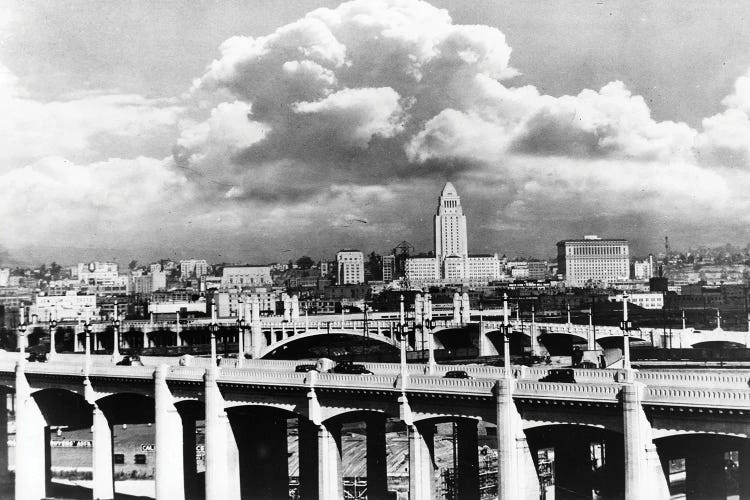 1930s Skyline With Los Angeles Bridge In Foreground Los Angeles California USA