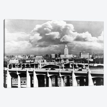 1930s Skyline With Los Angeles Bridge In Foreground Los Angeles California USA Canvas Print #VTG763} by Vintage Images Canvas Art Print